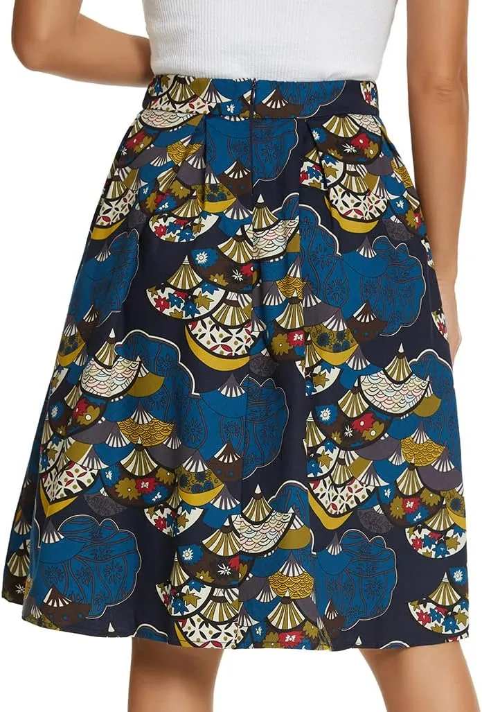 Tandisk Women's Vintage A-line Printed Pleated Flared Midi Skirt with Pockets