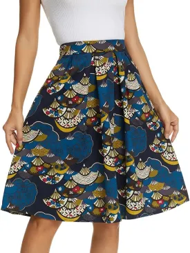 Tandisk Women's Vintage A-line Printed Pleated Flared Midi Skirt with Pockets