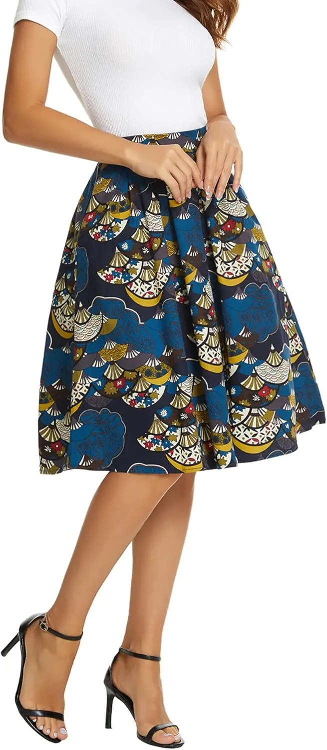 Tandisk Women's Vintage A-line Printed Pleated Flared Midi Skirt with Pockets