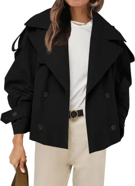 Tankaneo Womens Cropped Trench Coat Casual Double Breasted Short Jacket Fall Fashion Outerwear with Belt