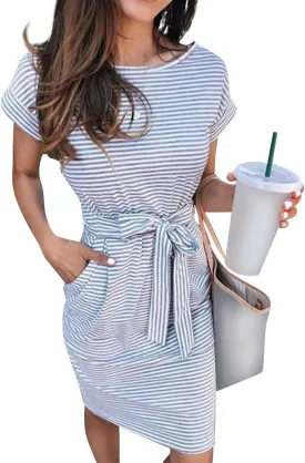 Tshirt Dress Women Casual Short Sleeve Tie Waist Dress with Pockets Loose Fit Crewneck Striped Midi Pencil Dresses