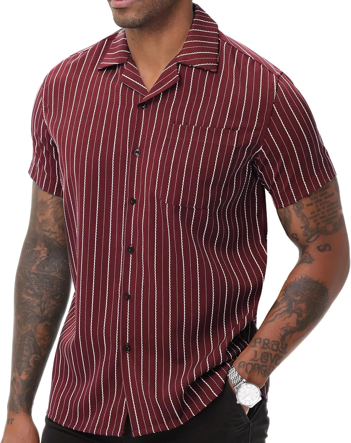 TUNEVUSE Men Hawaiian Shirt Vintage Striped Shirt Short Sleeve Summer Beach Causal Cuban Collar Shirt with Pocket