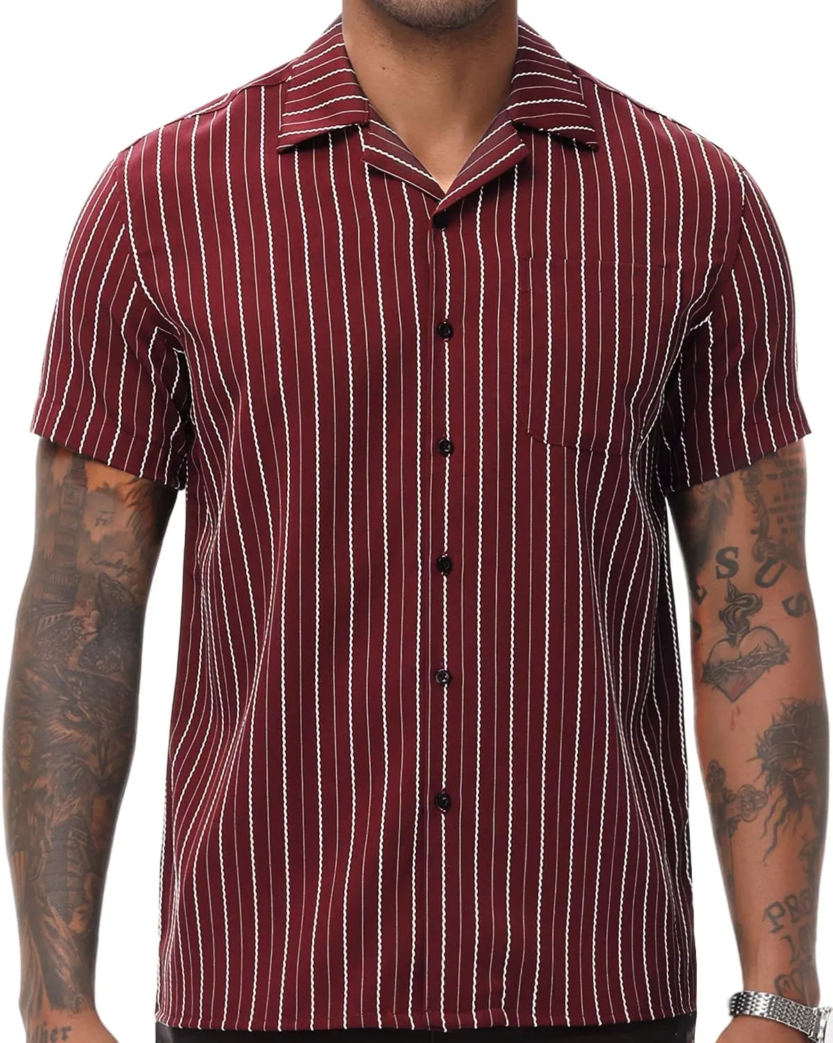 TUNEVUSE Men Hawaiian Shirt Vintage Striped Shirt Short Sleeve Summer Beach Causal Cuban Collar Shirt with Pocket