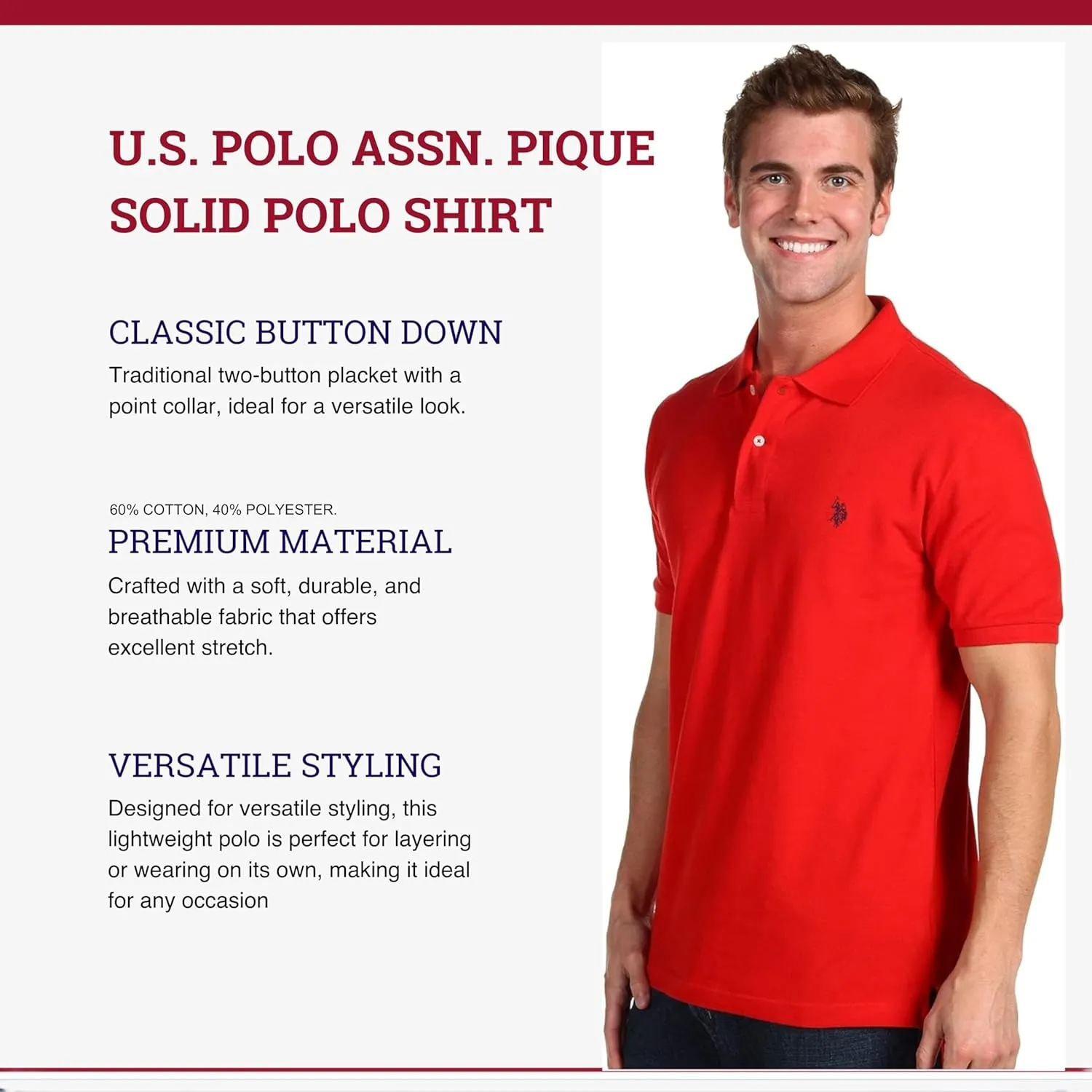 U.S. Polo Assn. Men's Classic Polo Shirt, Two-Button Closure Pique Polo Shirt, Summer Fashion Golf Shirt