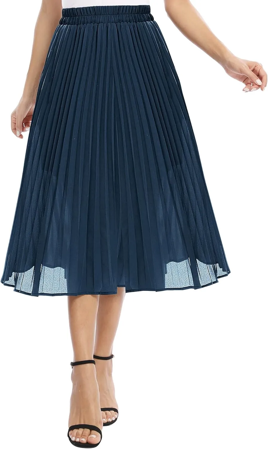 Women's Casual Chiffon Elastic Waist A-Line Pleated Midi Skirt with Pockets
