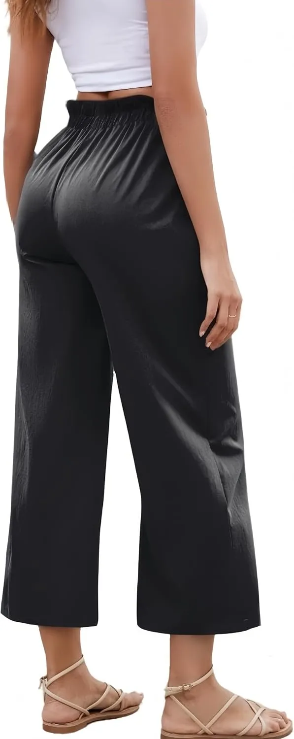 Women's Casual High Waisted Pants Self-tie Belted Lounge Pants Straight Long Trousers with Pockets