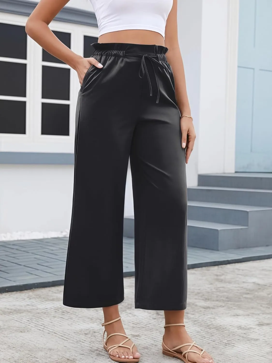 Women's Casual High Waisted Pants Self-tie Belted Lounge Pants Straight Long Trousers with Pockets