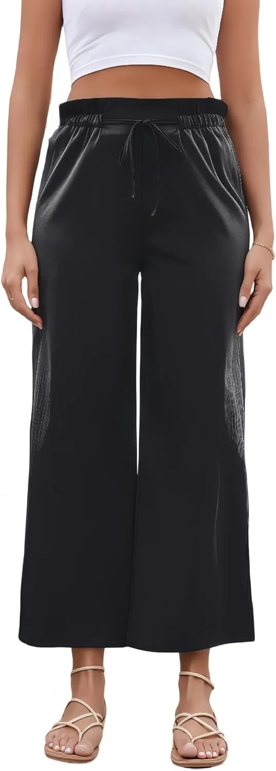 Women's Casual High Waisted Pants Self-tie Belted Lounge Pants Straight Long Trousers with Pockets