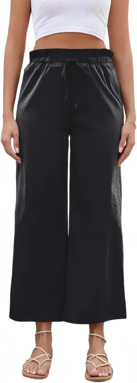Women's Casual High Waisted Pants Self-tie Belted Lounge Pants Straight Long Trousers with Pockets