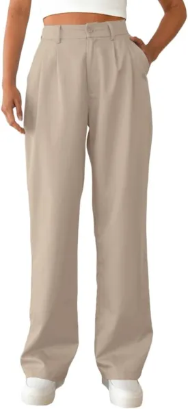 Women's Casual Straight Trousers High Waisted Button Work Office Dress Pants with Pockets