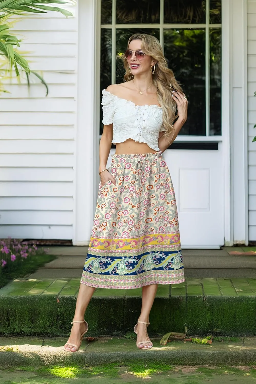 Womens Causal High Waisted Summer Midi Skirts Flowy Palazzo A-Line Long Skirt with Pockets