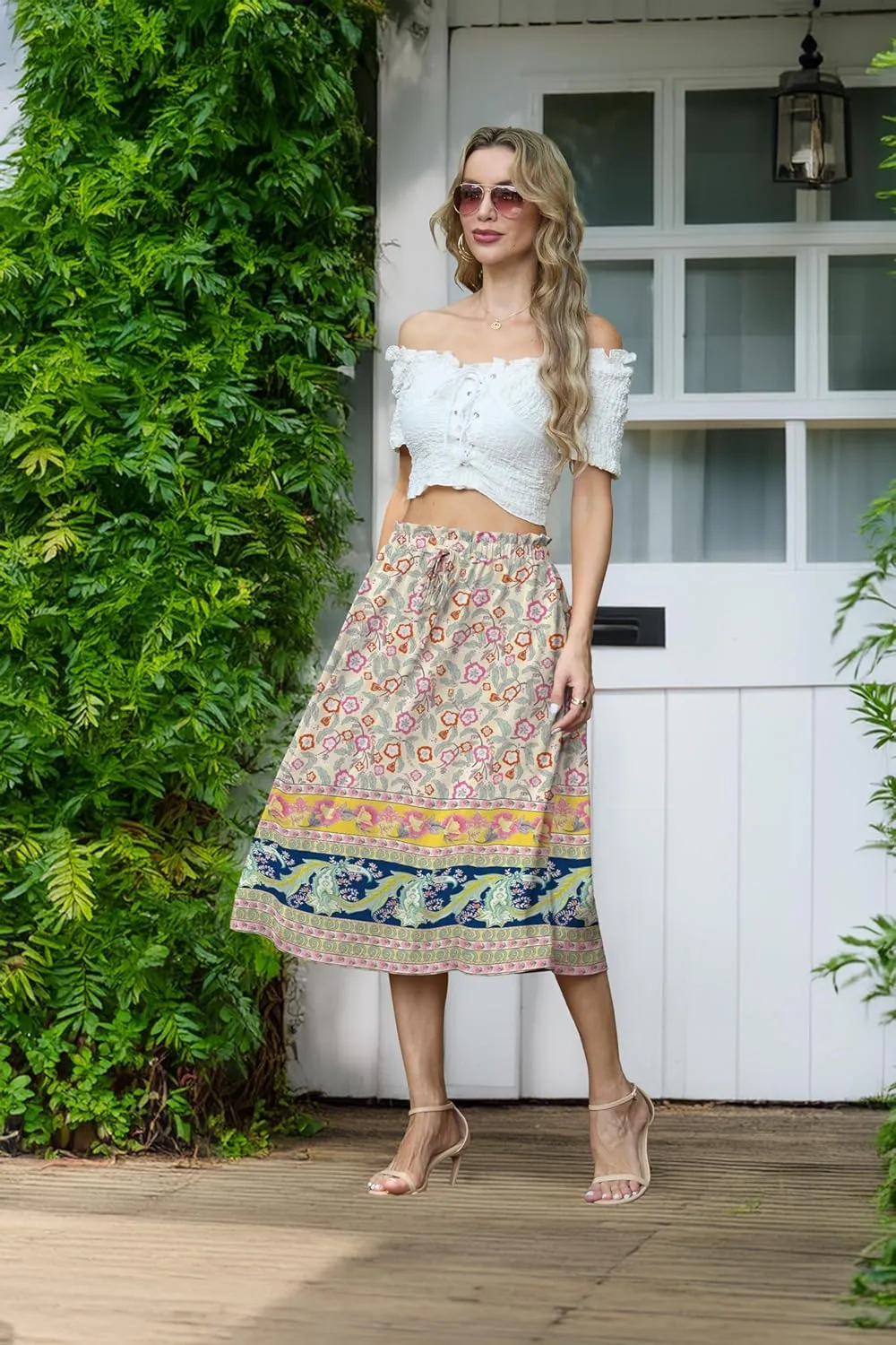 Womens Causal High Waisted Summer Midi Skirts Flowy Palazzo A-Line Long Skirt with Pockets
