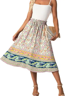 Womens Causal High Waisted Summer Midi Skirts Flowy Palazzo A-Line Long Skirt with Pockets