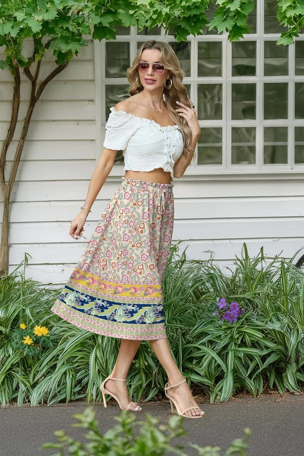Womens Causal High Waisted Summer Midi Skirts Flowy Palazzo A-Line Long Skirt with Pockets