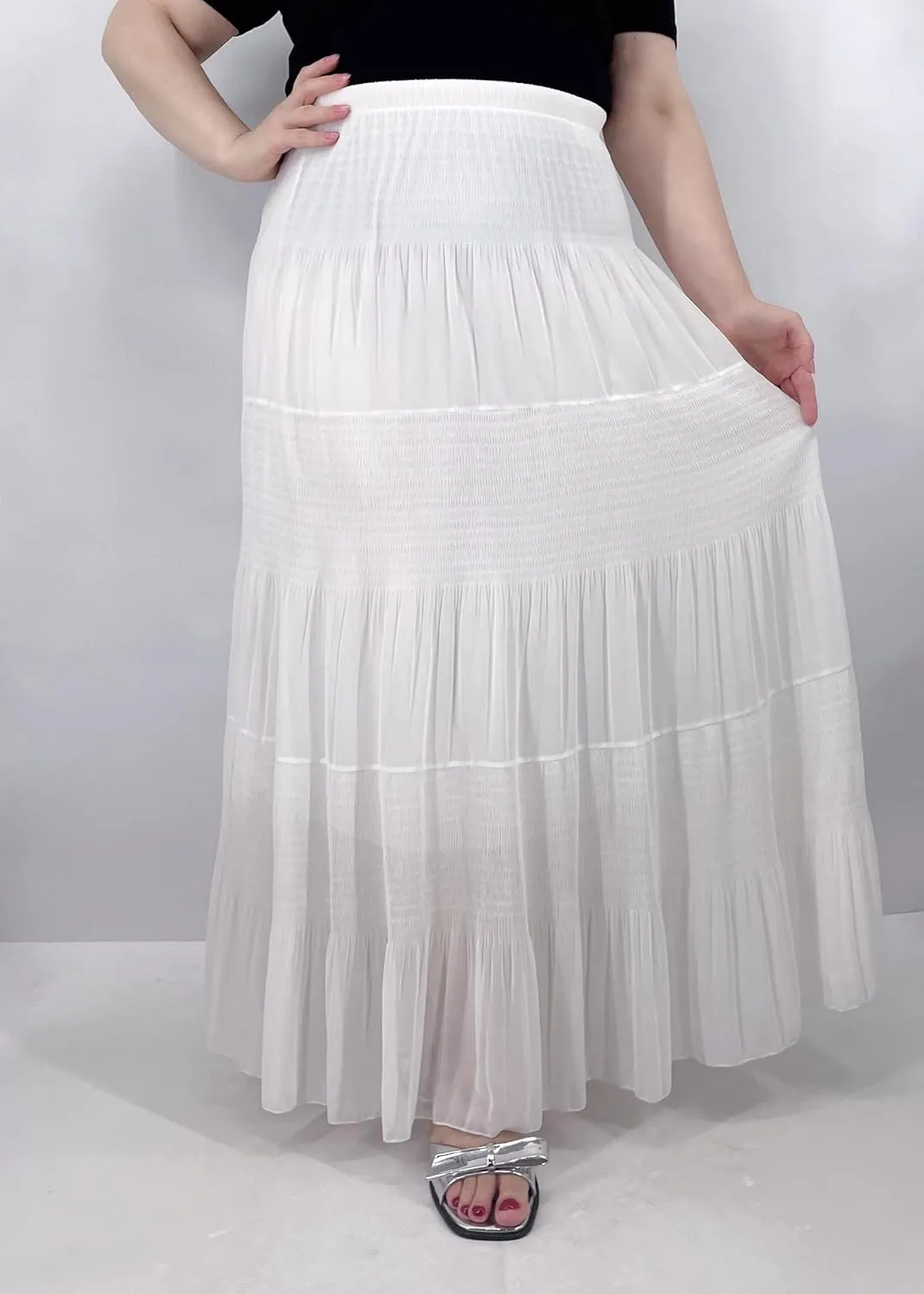 Women's Chiffon Elastic High Waist Pleated A-Line Flared Maxi Skirts