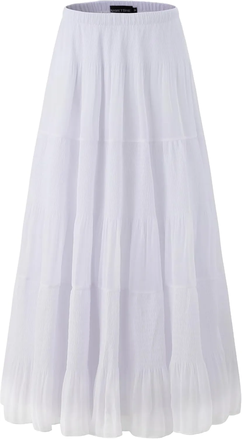 Women's Chiffon Elastic High Waist Pleated A-Line Flared Maxi Skirts