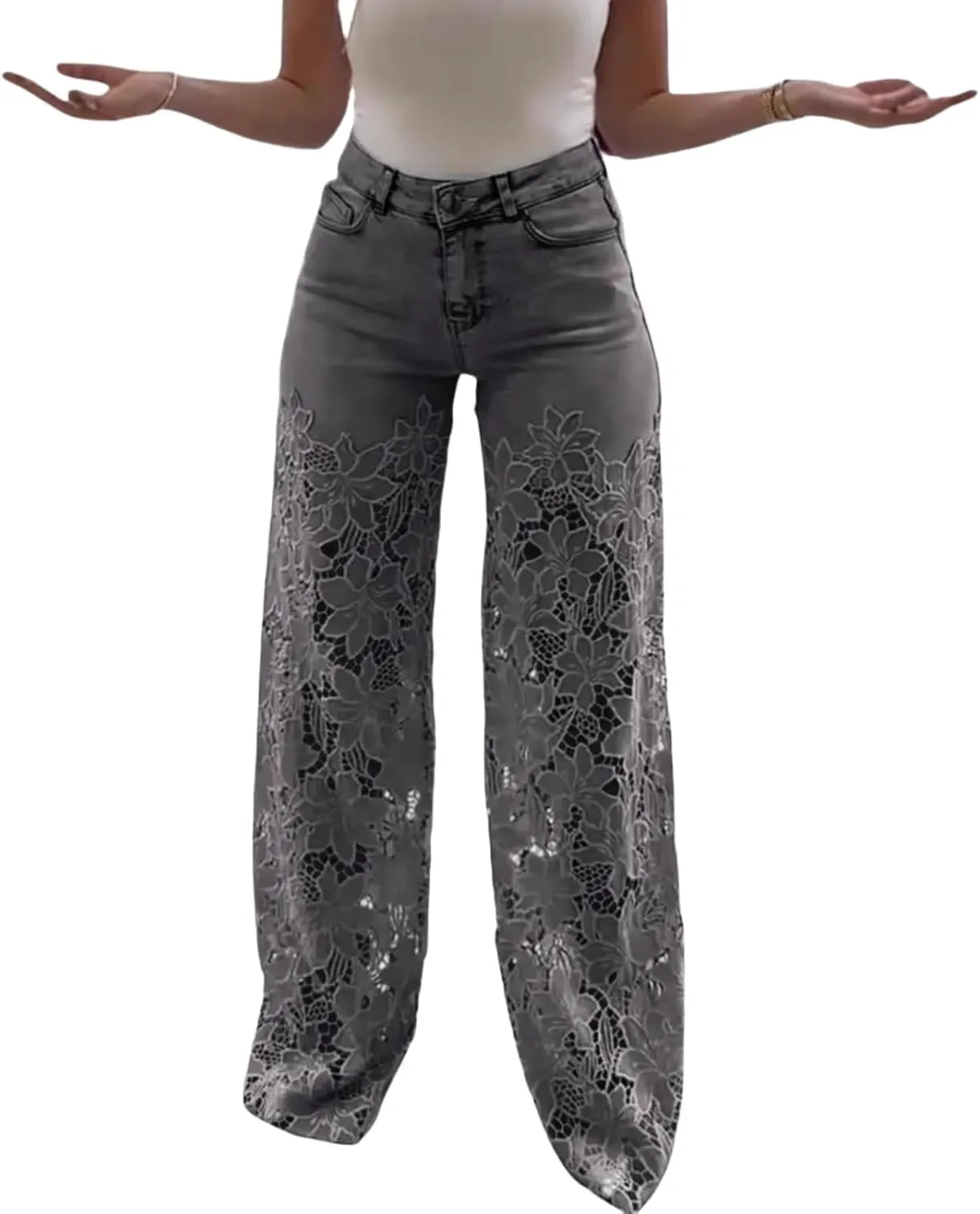 Women's Lace Patchwork Hollow Jeans, Floral Patchwork Ripped Straight Leg Jeans Trouser, Lace Pants for Women Sexy