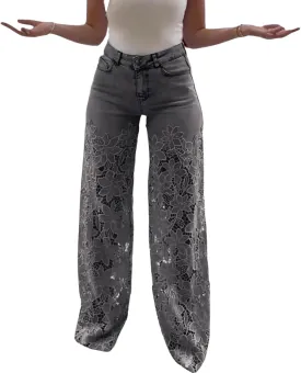 Women's Lace Patchwork Hollow Jeans, Floral Patchwork Ripped Straight Leg Jeans Trouser, Lace Pants for Women Sexy