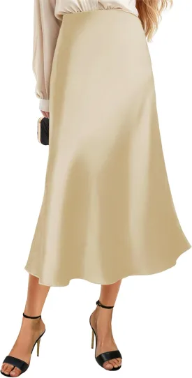 Womens Silky Satin Midi Skirt High Waist Elastic Waist A Line Skirt