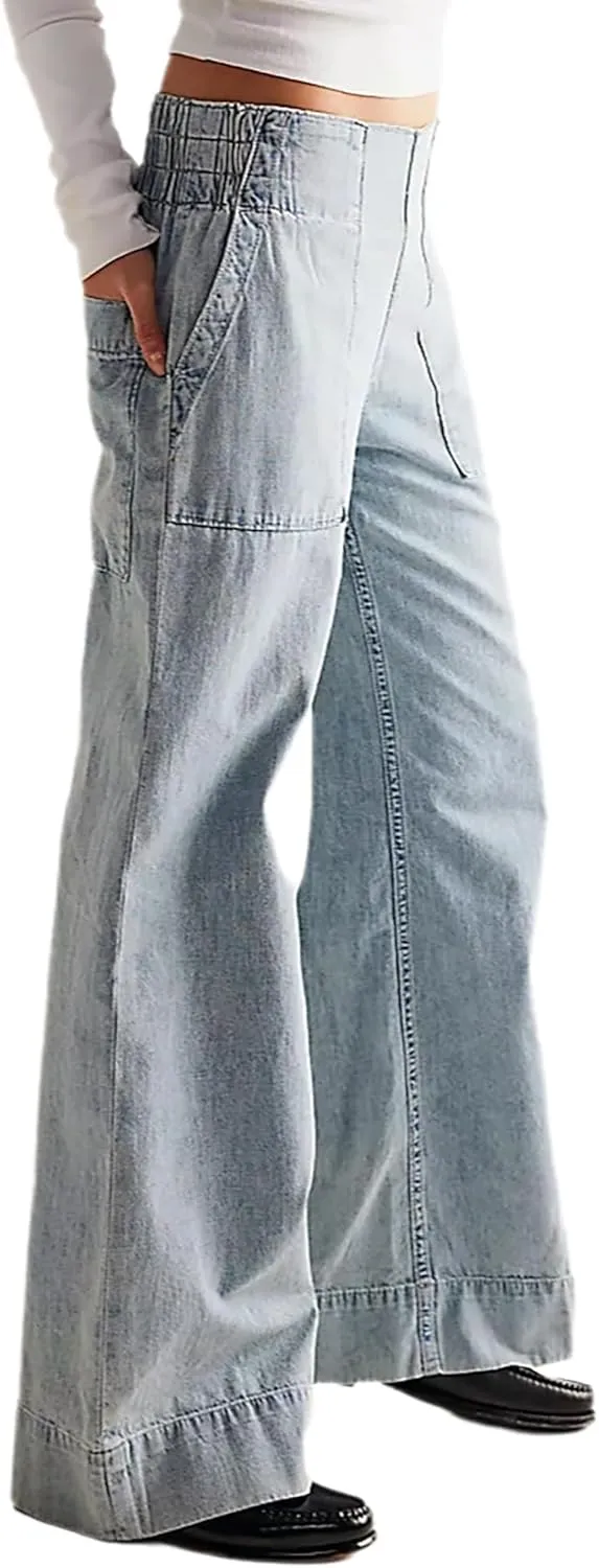 Womens Wide Leg Jeans Elastic Low Rise Pull on Baggy Jeans Casual Straight Leg Denim Pants
