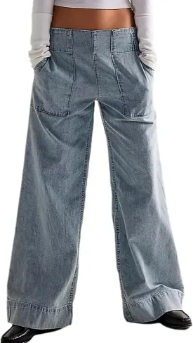 Womens Wide Leg Jeans Elastic Low Rise Pull on Baggy Jeans Casual Straight Leg Denim Pants