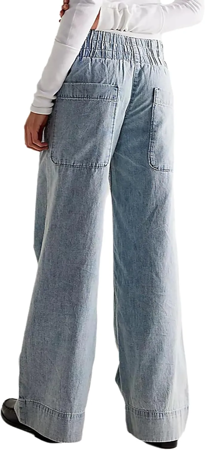 Womens Wide Leg Jeans Elastic Low Rise Pull on Baggy Jeans Casual Straight Leg Denim Pants