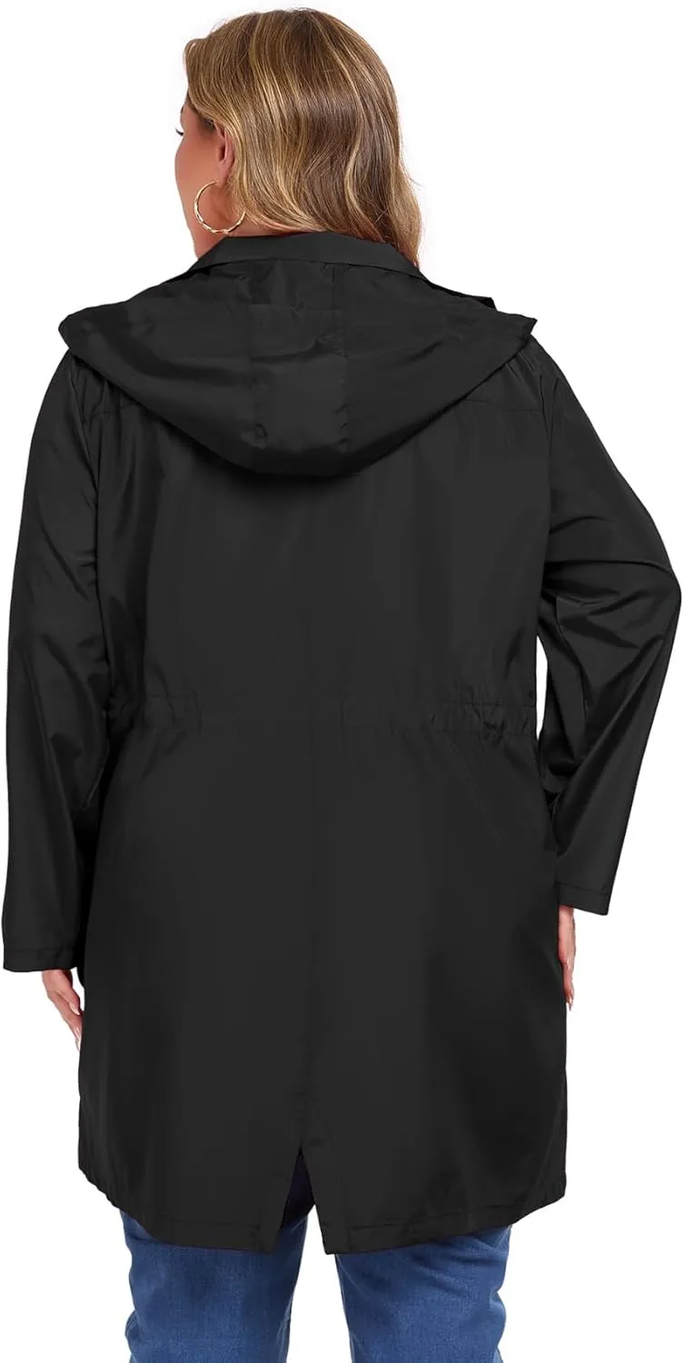ZOMVA 2025 Plus Size 1X-5X Rain Jacket Coat Long Lightweight Raincoat with Hood Windbreaker Waterproof Jackets with Pockets