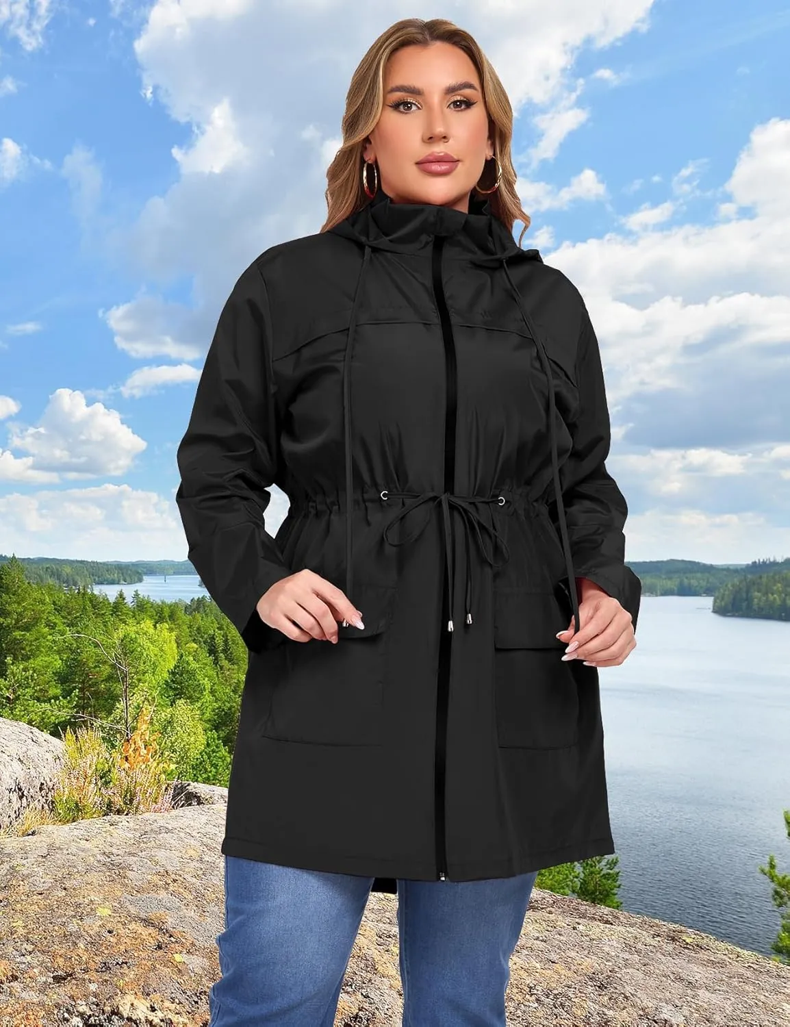 ZOMVA 2025 Plus Size 1X-5X Rain Jacket Coat Long Lightweight Raincoat with Hood Windbreaker Waterproof Jackets with Pockets