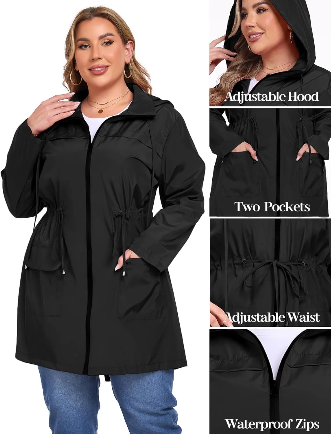 ZOMVA 2025 Plus Size 1X-5X Rain Jacket Coat Long Lightweight Raincoat with Hood Windbreaker Waterproof Jackets with Pockets